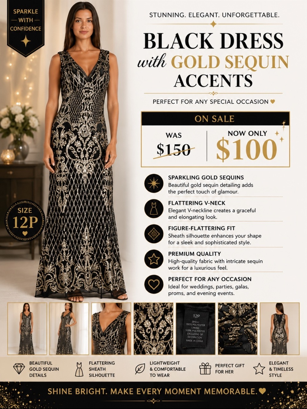 Black Dress with Gold Sequin Accents